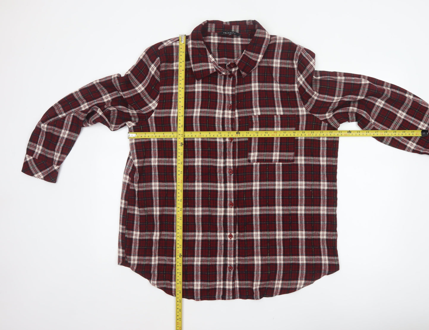 Peacocks Women Red Plaid Button-Up Shirt UK 18 Long Sleeve Metallic