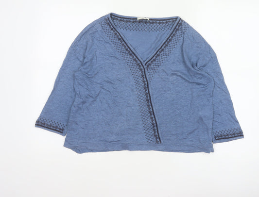 Wrap London Women’s Blue UK 14 Linen V-Neck Embroidered 3/4 Sleeve Blouse