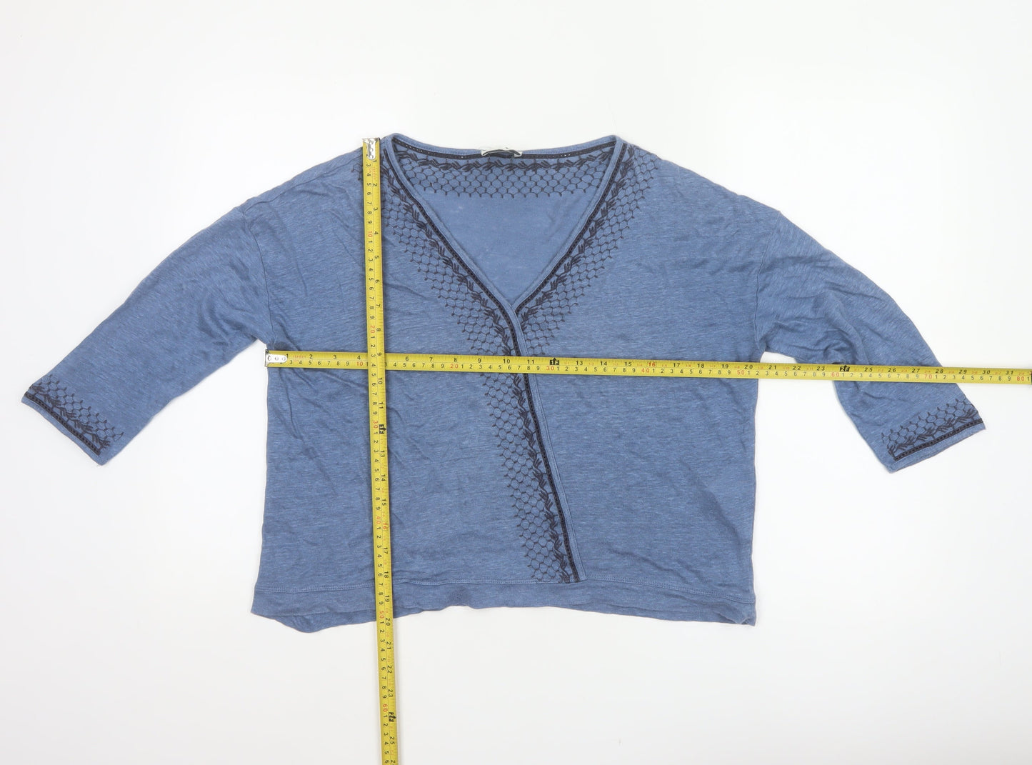Wrap London Women’s Blue UK 14 Linen V-Neck Embroidered 3/4 Sleeve Blouse