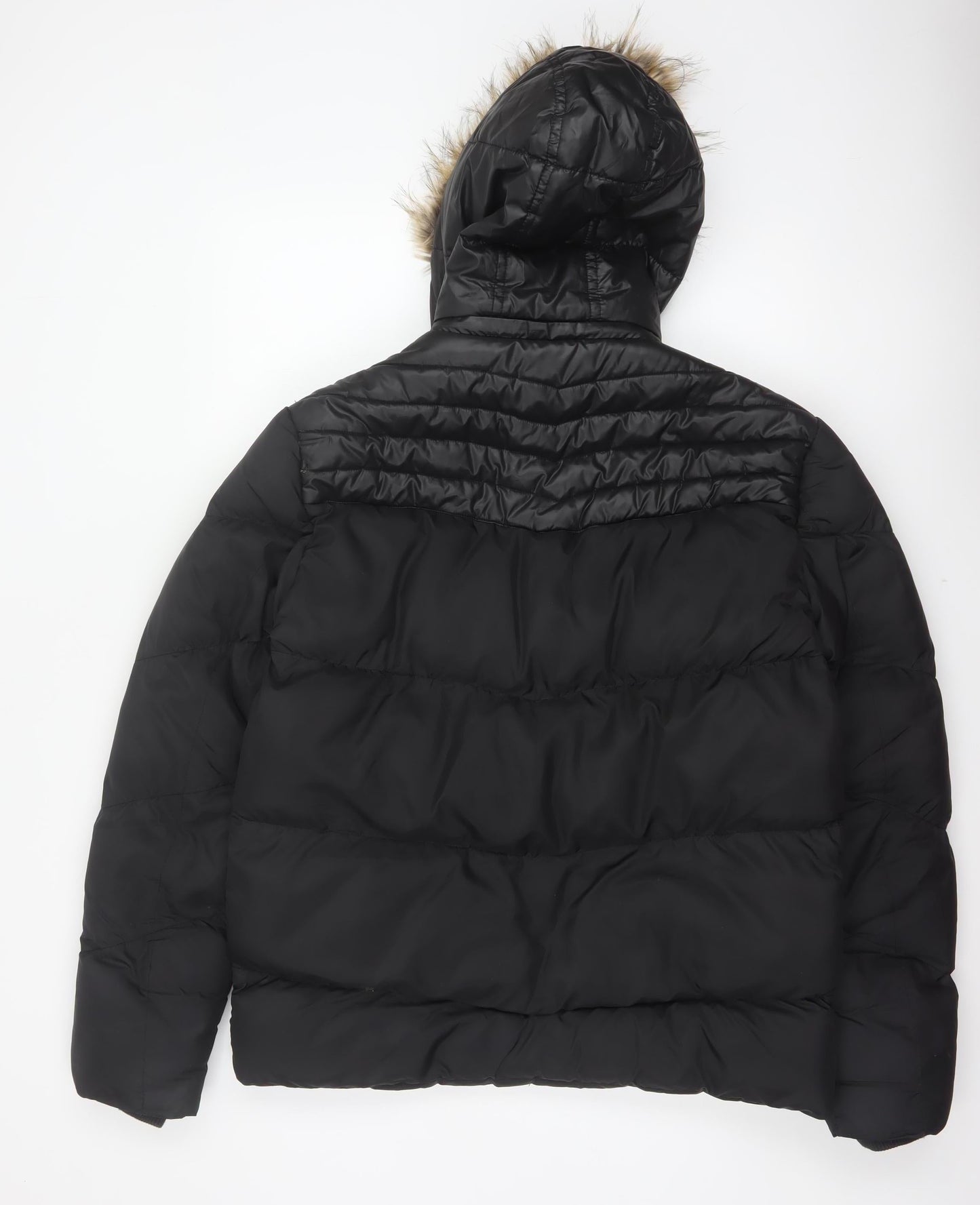 Brave Soul Men's Black M Puffer Jacket Faux Fur Hood Quilted