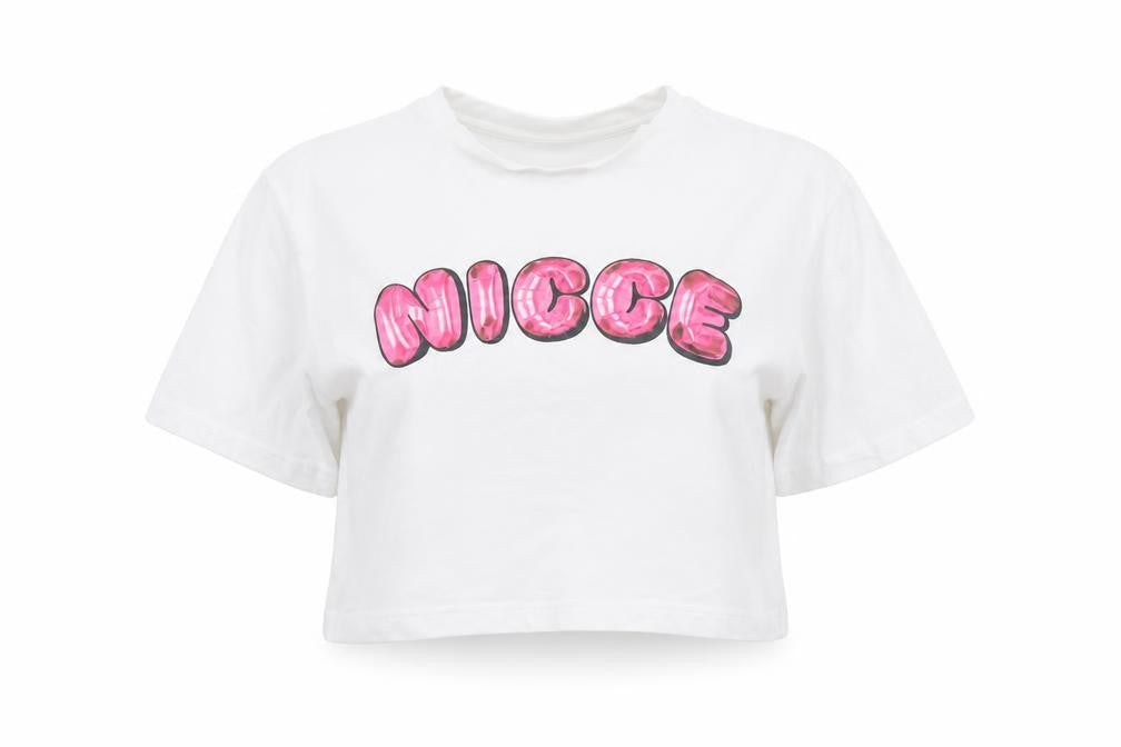 NICCE Women’s White S Cropped Cotton T-Shirt Pink Nicee Glitter Logo