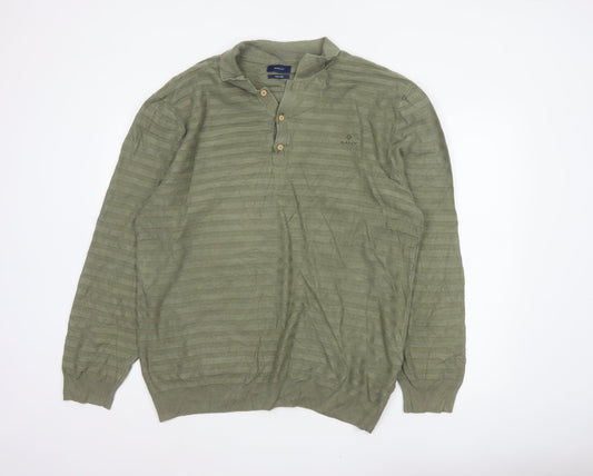 GANT Men’s Green 2XL Herringbone Knit Collared Henley Jumper