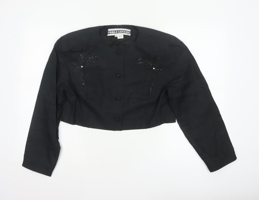Paola Luccini Women Black Silk Floral Embellished Cropped Jacket Size 12