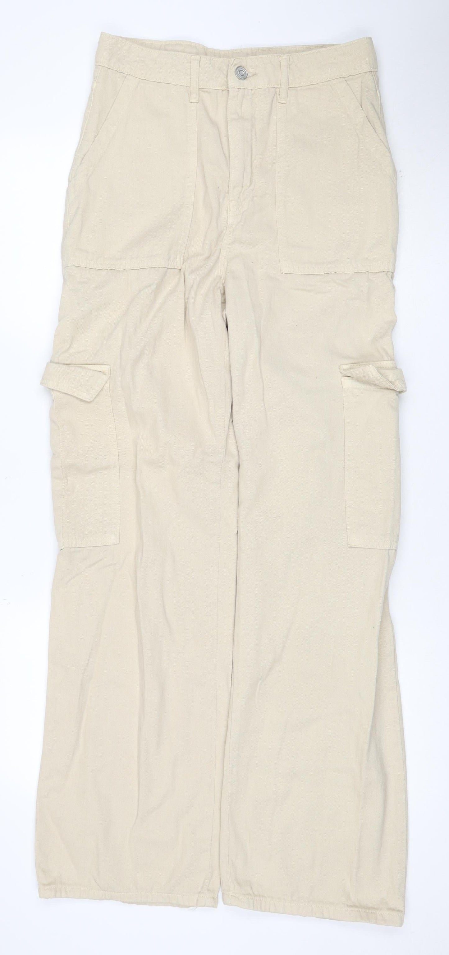 Boohoo Women Beige UK 10 Cotton Cargo Straight Leg Belted Trousers