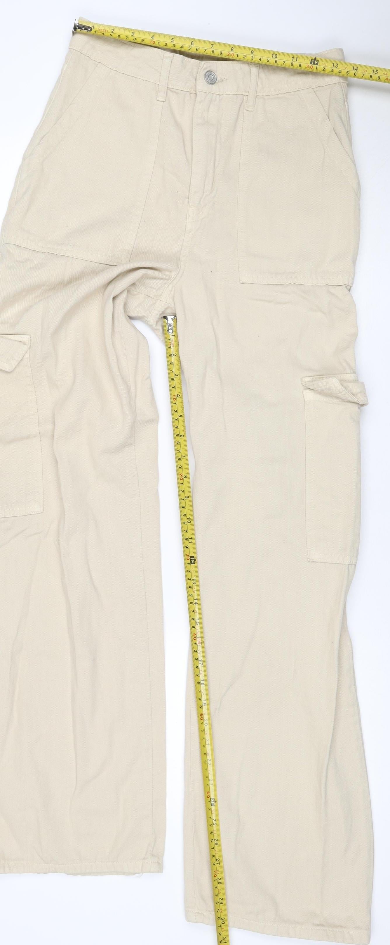 Boohoo Women Beige UK 10 Cotton Cargo Straight Leg Belted Trousers
