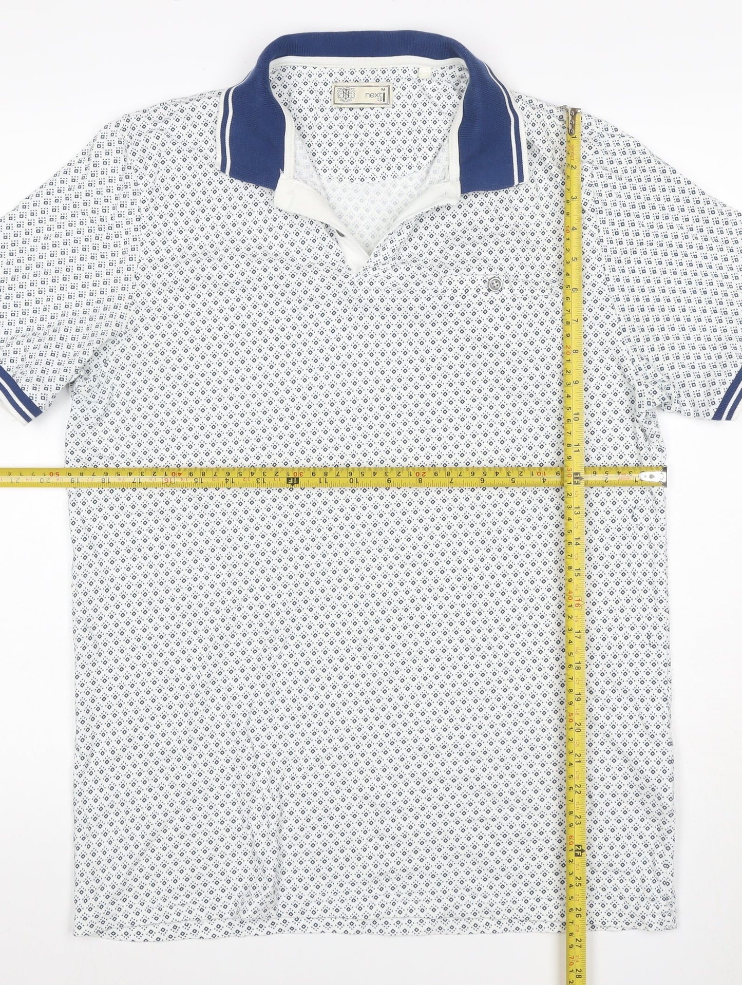 Next SP Men’s White Navy Geometric Print Short Sleeve Polo Shirt M