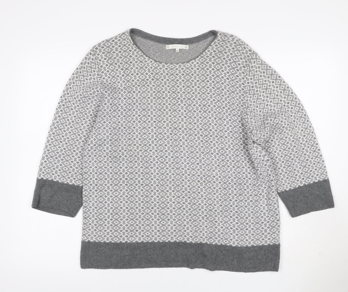 Lakeland Women Grey UK 16 Geometric Cashmere Blend 3/4 Sleeve Jumper