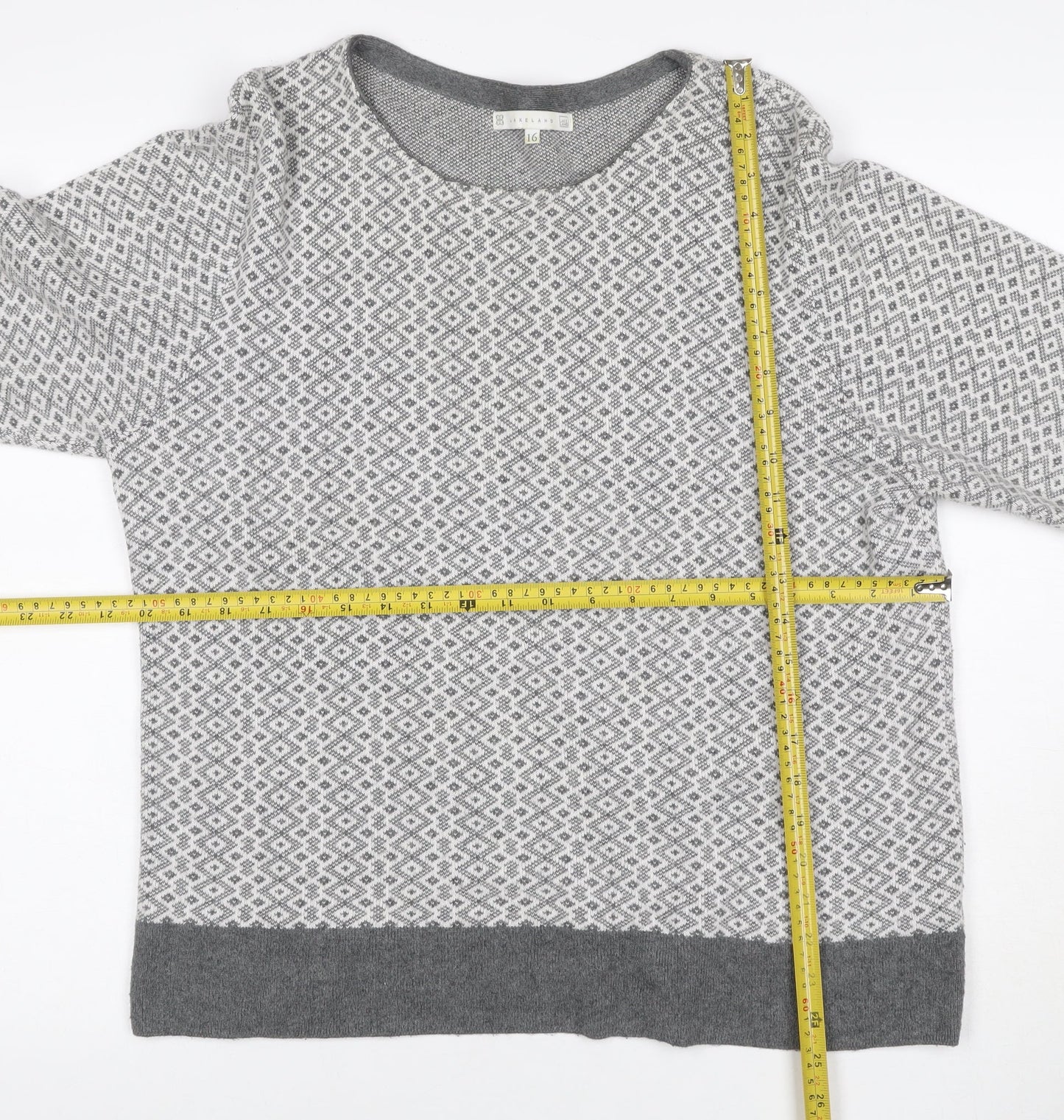 Lakeland Women Grey UK 16 Geometric Cashmere Blend 3/4 Sleeve Jumper