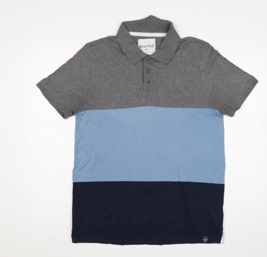 Weird Fish Men's Medium Grey Blue Colourblock Cotton Polo Shirt