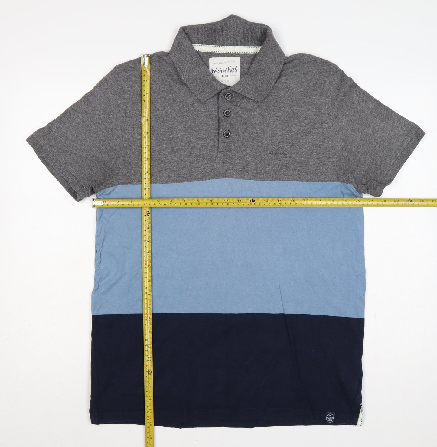 Weird Fish Men's Medium Grey Blue Colourblock Cotton Polo Shirt
