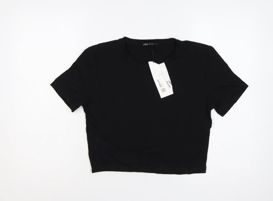 Zara Women Black UK 14 Cropped Stretch Jersey T-Shirt
