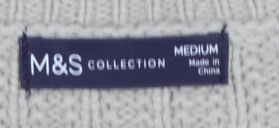 Marks and Spencer Women Beige M V-Neck Rib Knit Pullover Jumper