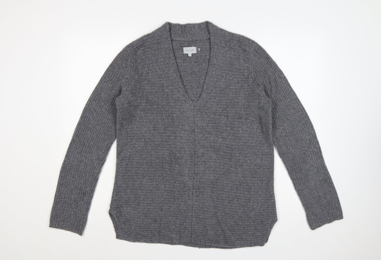 Jigsaw Women’s Grey Cashmere Wool Open Cardigan Size 14 V-Neck Knit