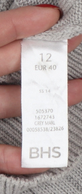 BHS Women Grey Cable Knit Boat Neck Button Shoulder Jumper Size 12