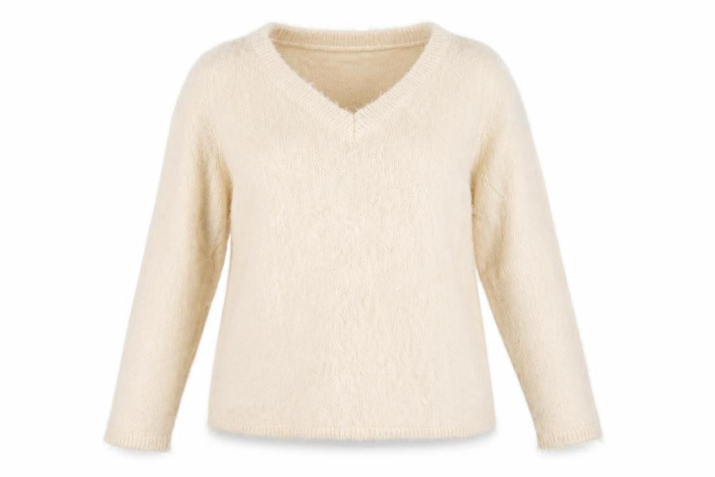 Bodyflirt Women Beige V-Neck Fluffy Knit Jumper Size L