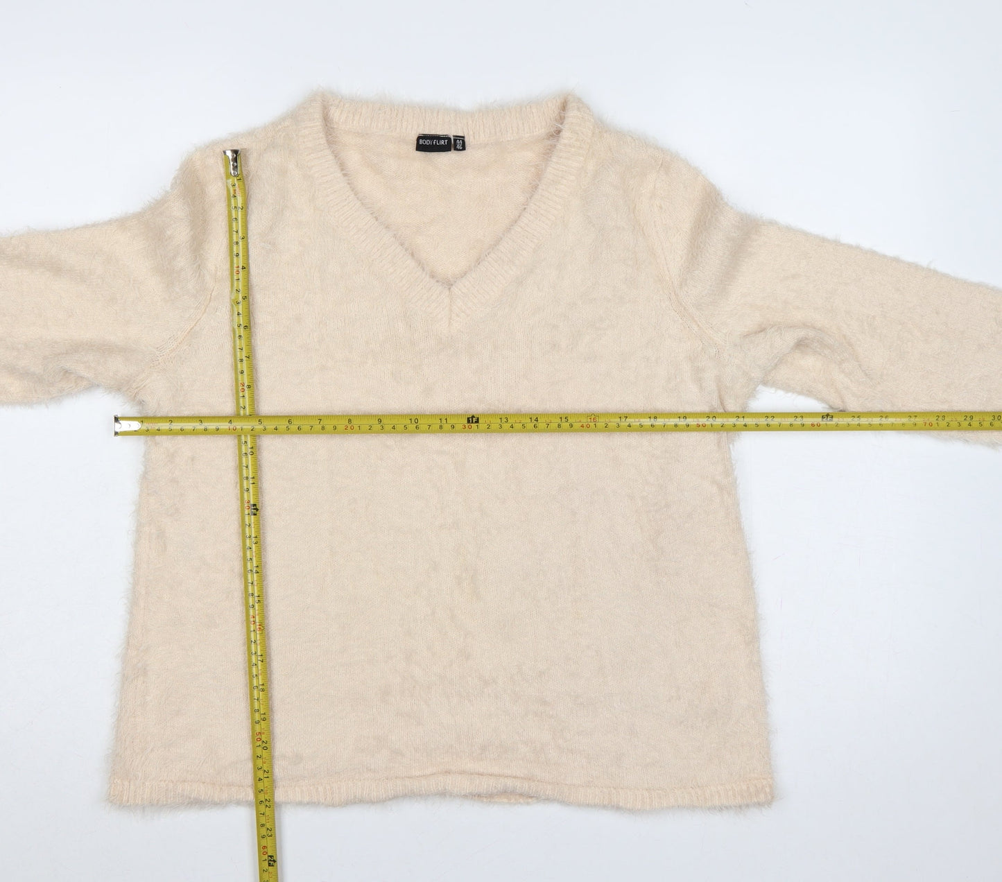 Bodyflirt Women Beige V-Neck Fluffy Knit Jumper Size L