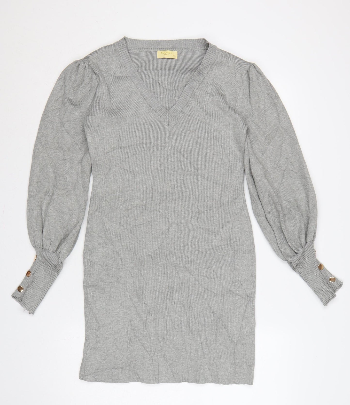 Emmash Paris Women Grey M Knit Jumper Dress V-Neck Balloon Sleeve