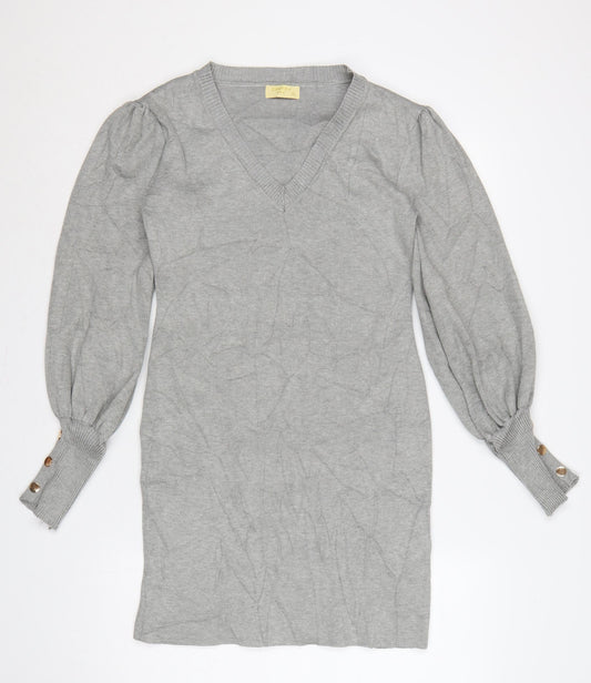 Emmash Paris Women Grey M Knit Jumper Dress V-Neck Balloon Sleeve