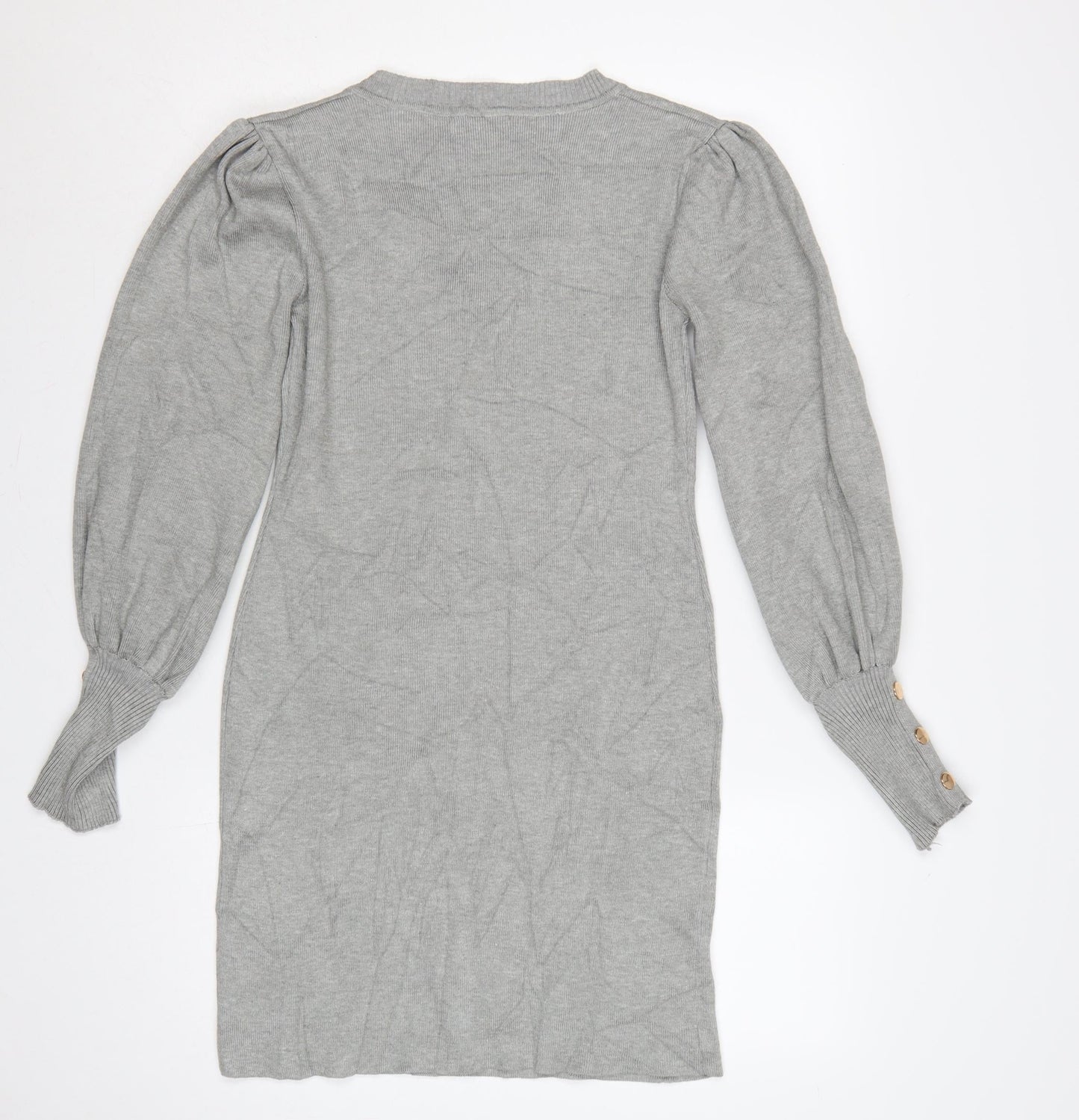 Emmash Paris Women Grey M Knit Jumper Dress V-Neck Balloon Sleeve