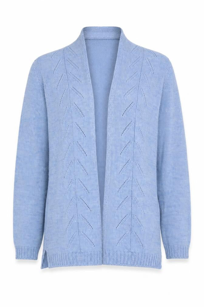 Front view of Cotswold Collections Women Blue S Open Knit Merino Wool Cardigan