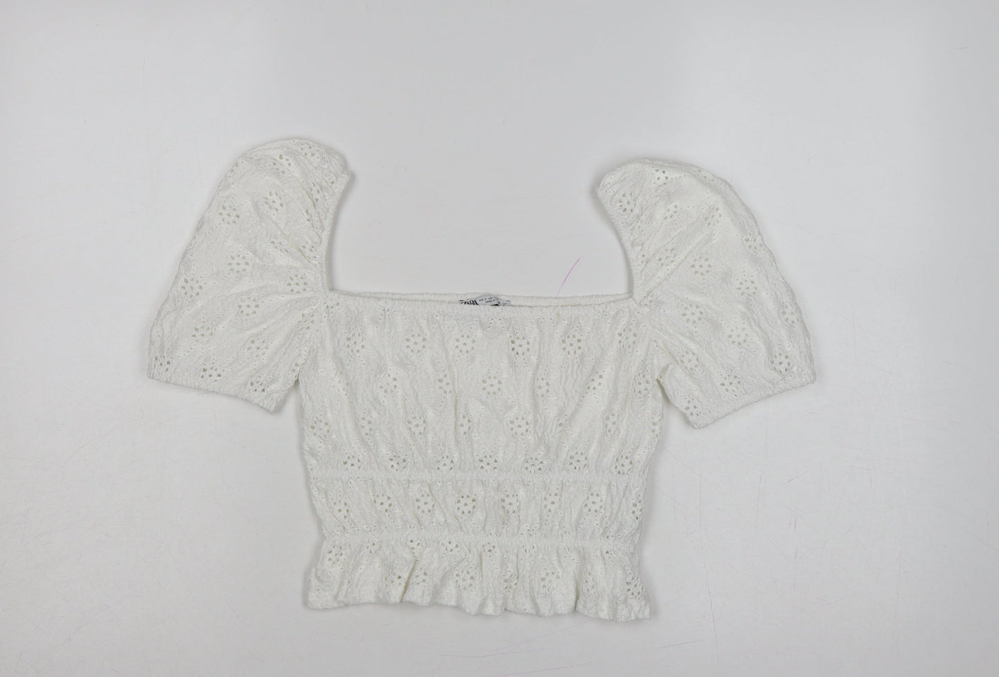 Zara Women Ivory S Cropped Puff Sleeve Square Neck Eyelet Blouse