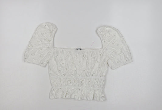 Zara Women Ivory S Cropped Puff Sleeve Square Neck Eyelet Blouse