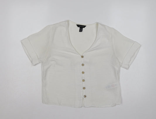 New Look Women White UK 10 V-Neck Button Front Short Sleeve Blouse