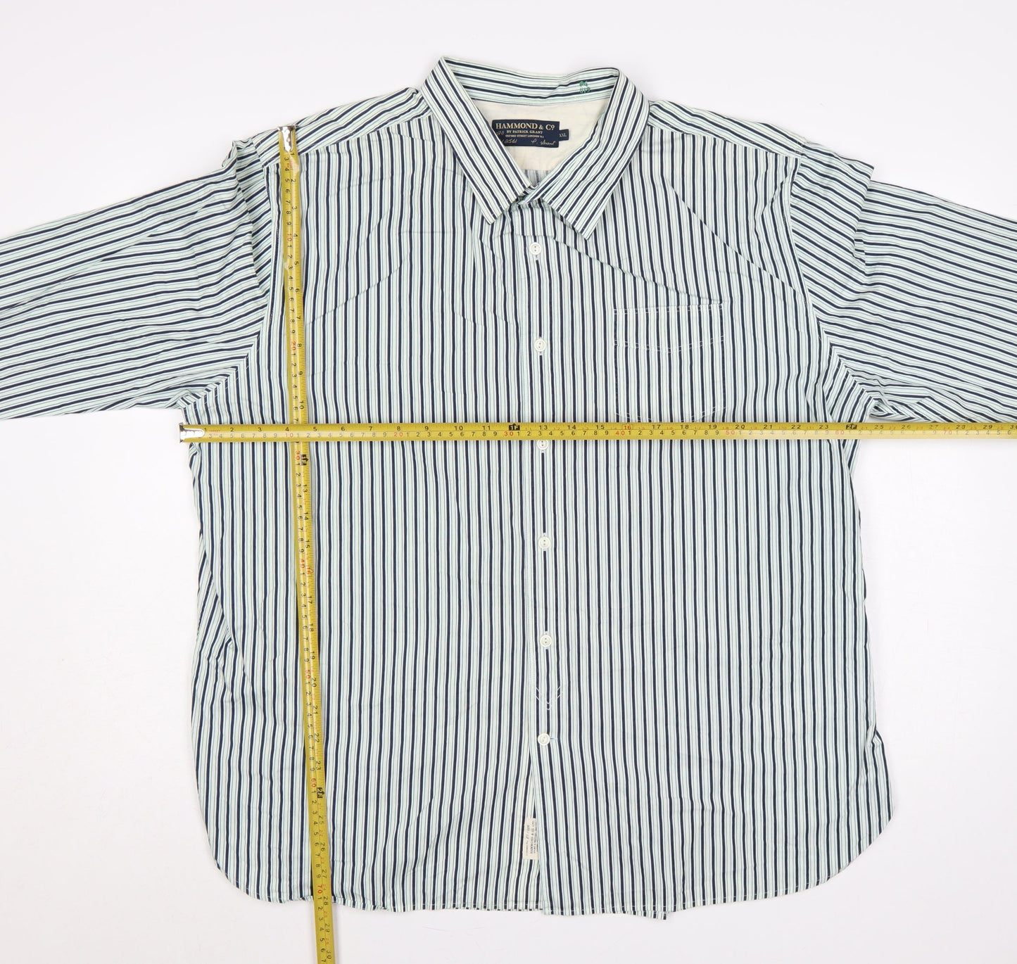 Hammond & Co Men’s White Navy Green Stripe Cotton Shirt 2XL