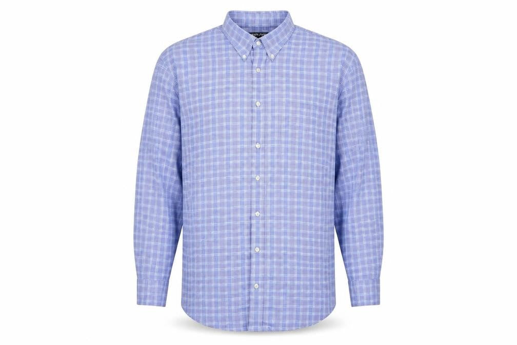 Front view of Kirkland Signature Men's Blue Check 17 Traditional Fit Non-Iron Shirt