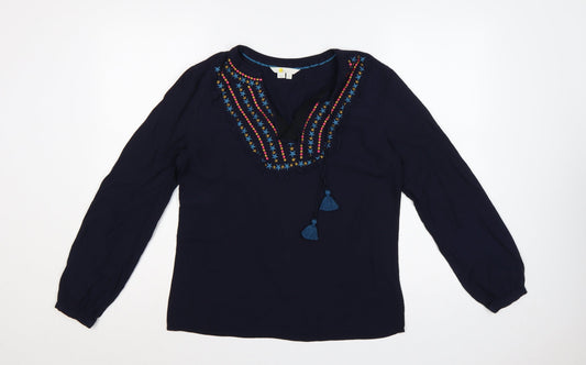 Boden Women Blue UK 14 Embroidered Tassel V-Neck Long Sleeve Blouse