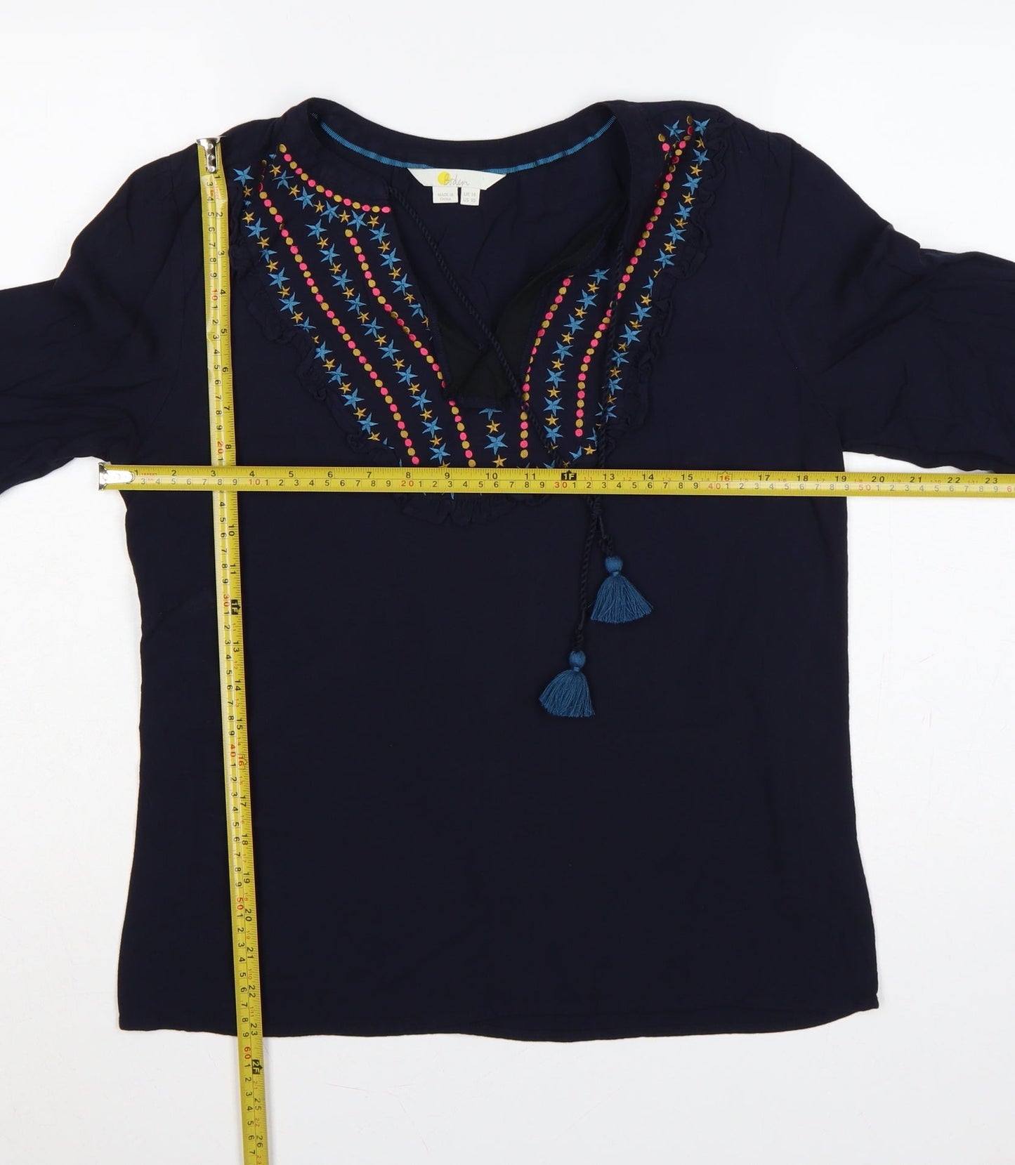 Boden Women Blue UK 14 Embroidered Tassel V-Neck Long Sleeve Blouse