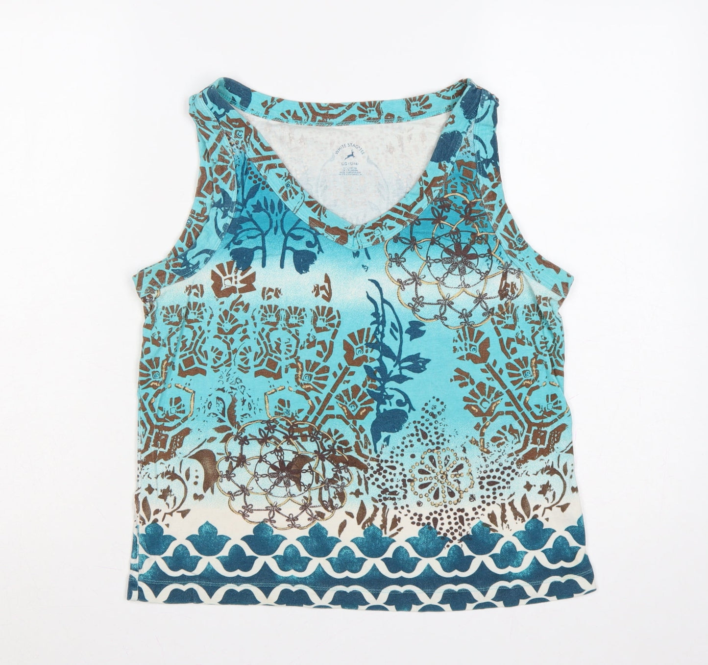 White Stag Women Blue Size 14 Bohemian V-Neck Cotton Tank Top