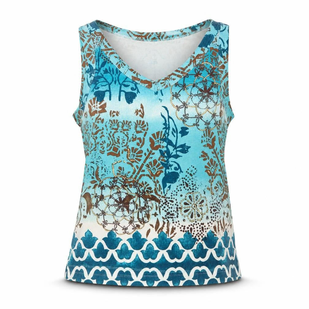 White Stag Women Blue Size 14 Bohemian V-Neck Cotton Tank Top