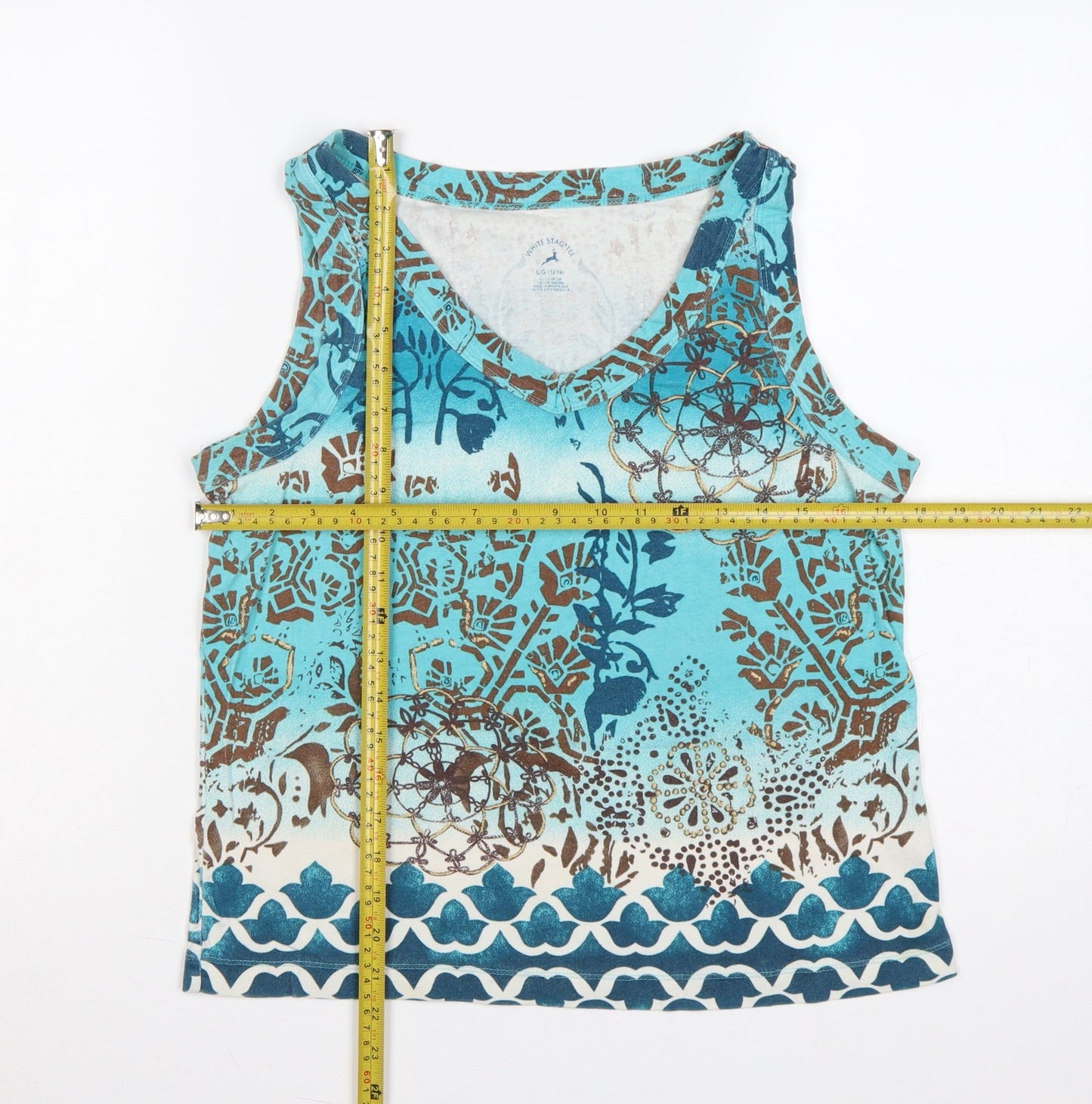 White Stag Women Blue Size 14 Bohemian V-Neck Cotton Tank Top