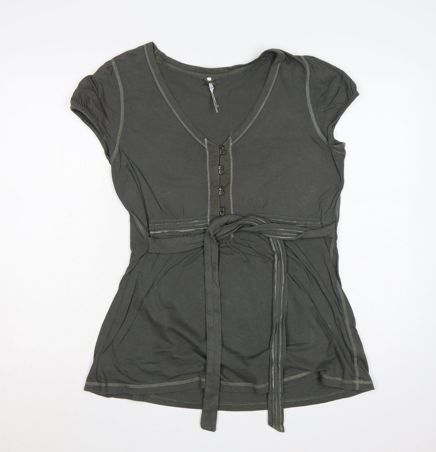 Next Women Green UK 14 Tie Waist Button Front Short Sleeve Blouse