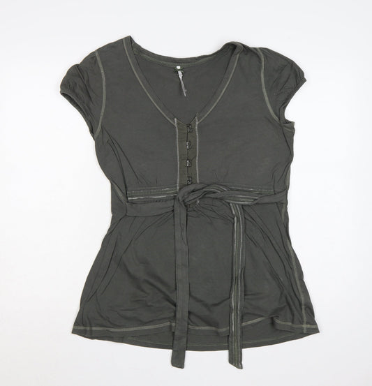 Next Women Green UK 14 Tie Waist Button Front Short Sleeve Blouse