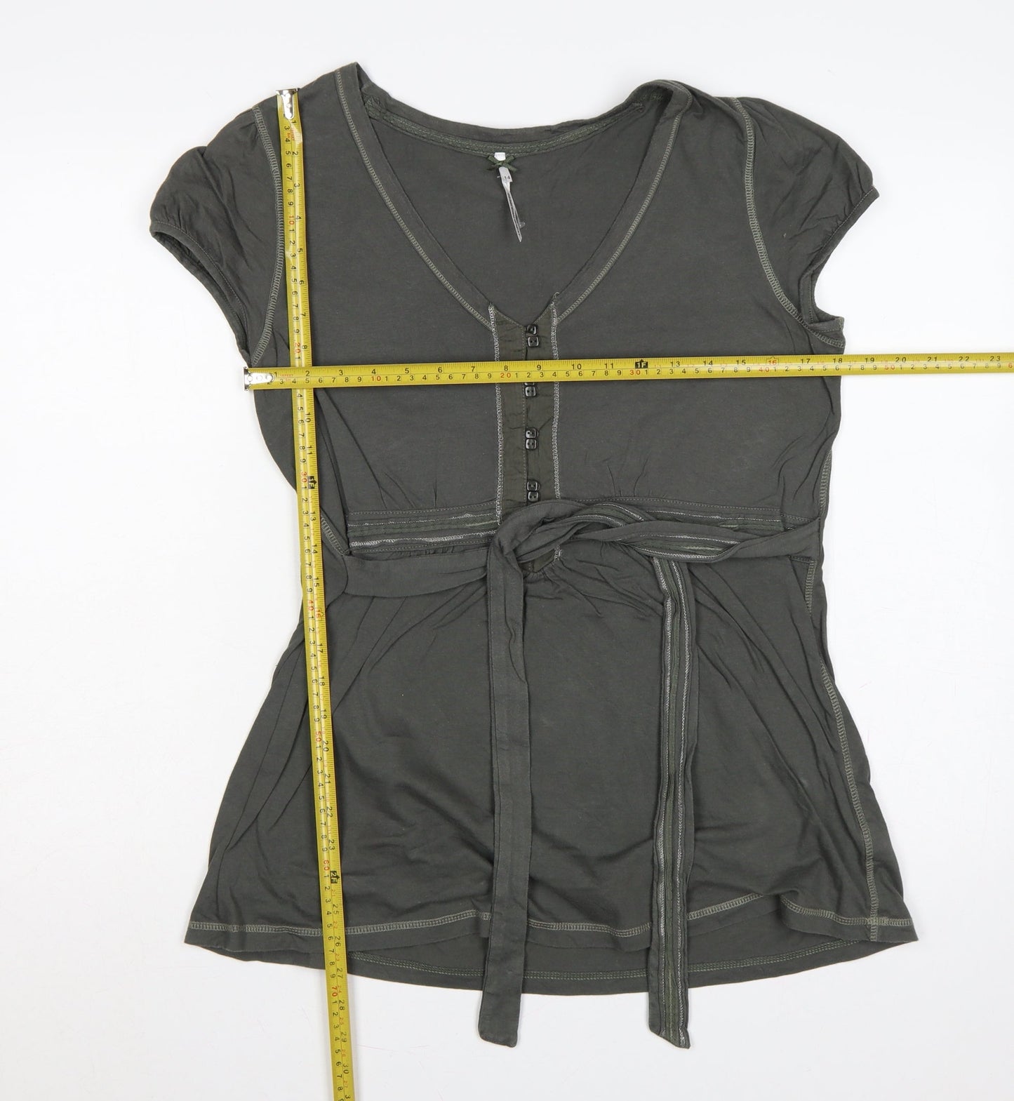 Next Women Green UK 14 Tie Waist Button Front Short Sleeve Blouse