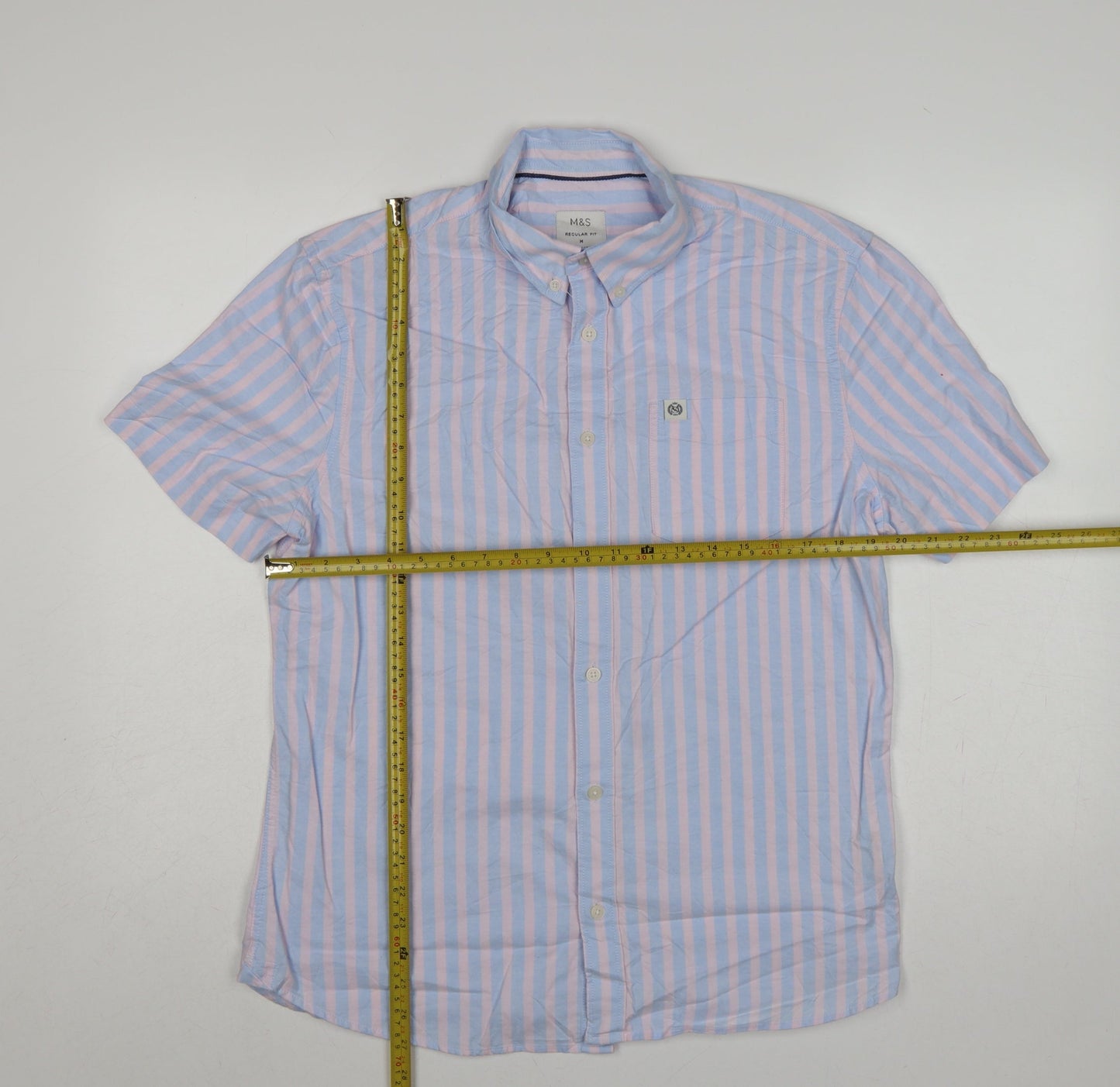 Marks & Spencer Men's Blue Pink Stripe M Regular Fit Short Sleeve Shirt