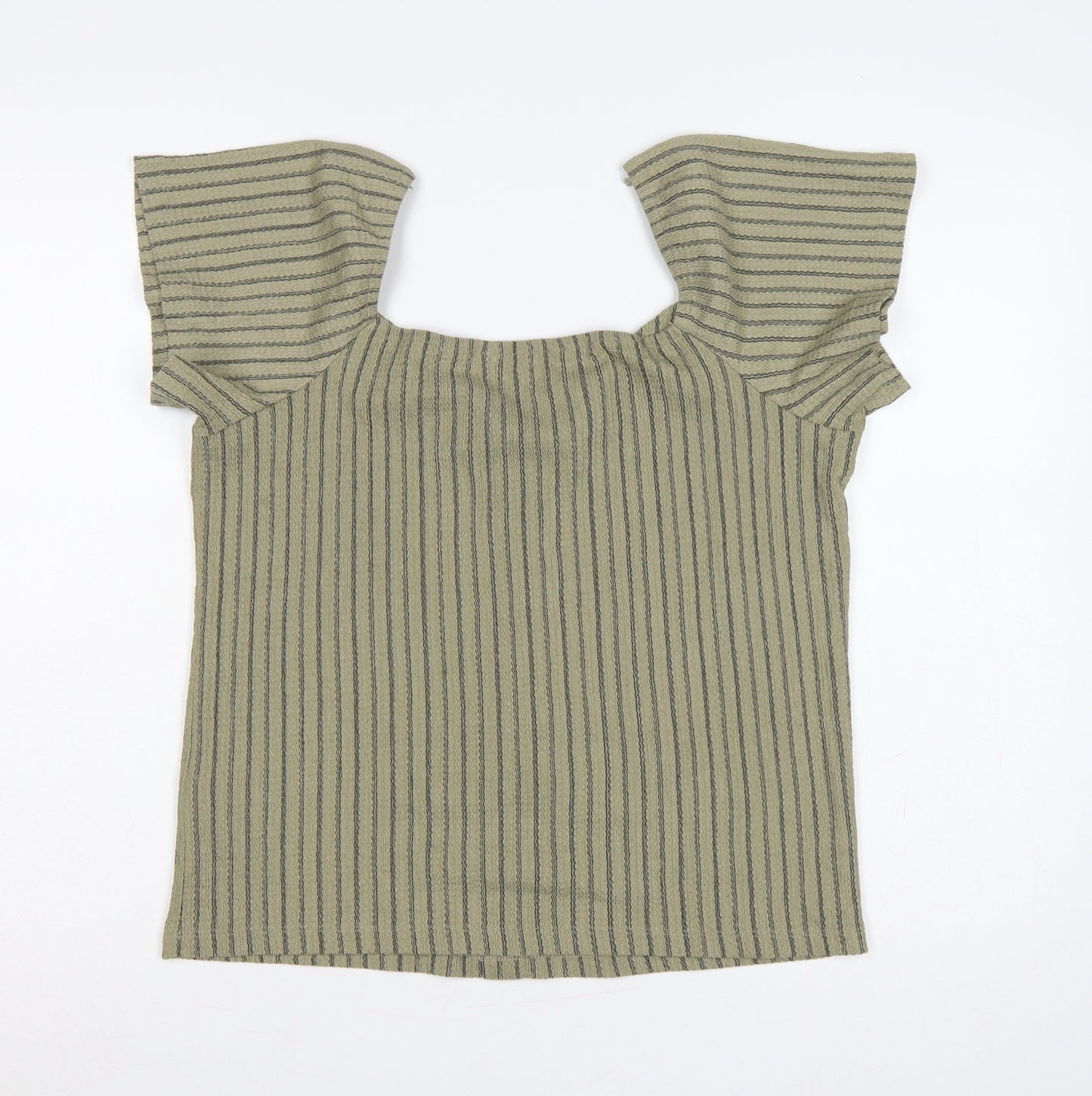 Dunnes Women Green M Striped Button Front Flutter Sleeve Blouse