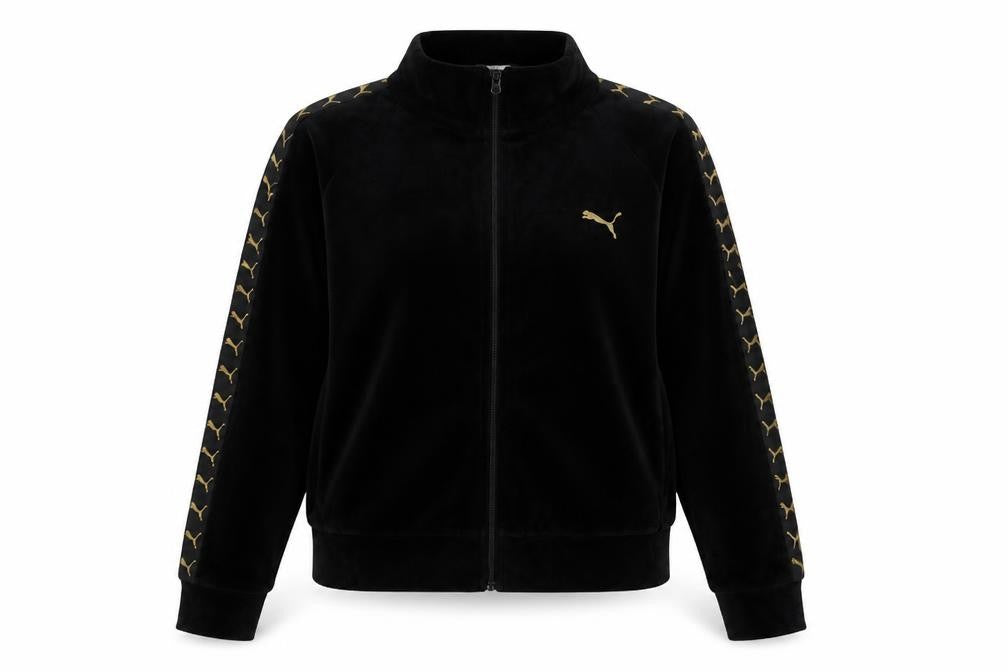 Front view of Puma Women’s Black S Velour Logo Tape Full Zip Cropped Jacket