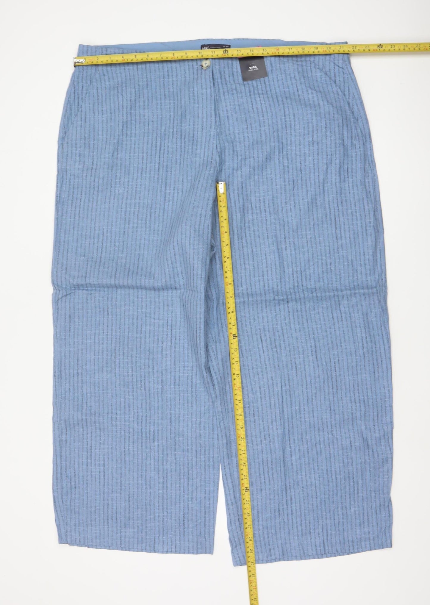 M&S Women’s Blue Striped Wide Leg High Rise Linen Trousers UK 22 Short