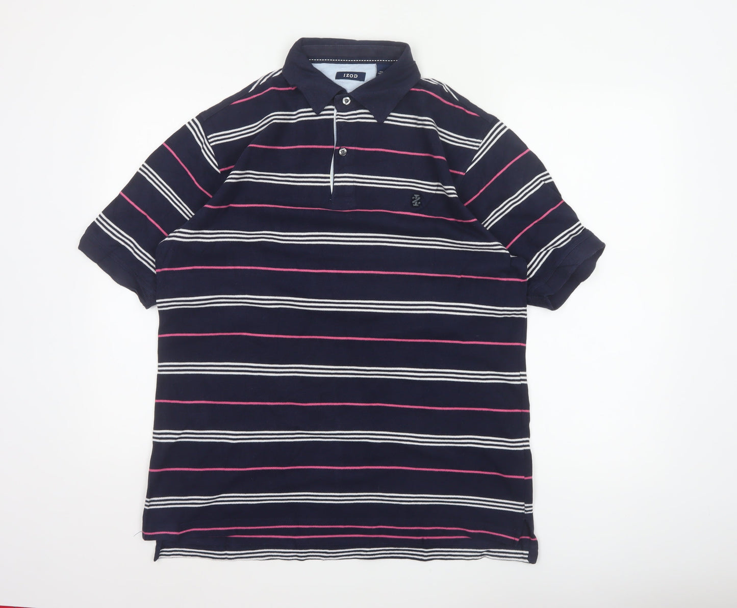 IZOD Men's Navy Pink White Striped Cotton Polo Shirt Size S Short Sleeve
