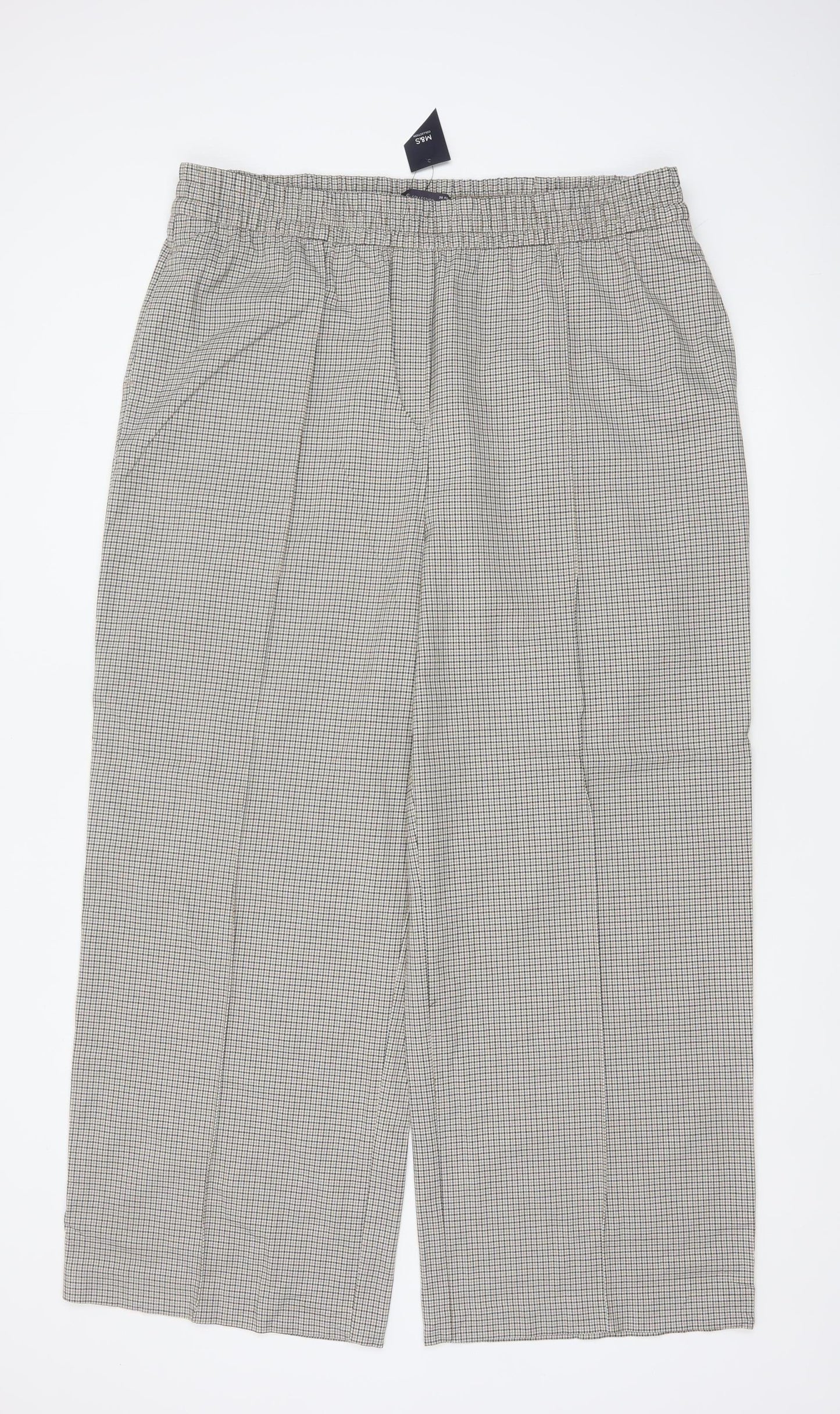 Marks & Spencer Women's Beige Check Wide-Leg Trousers UK 20 Regular