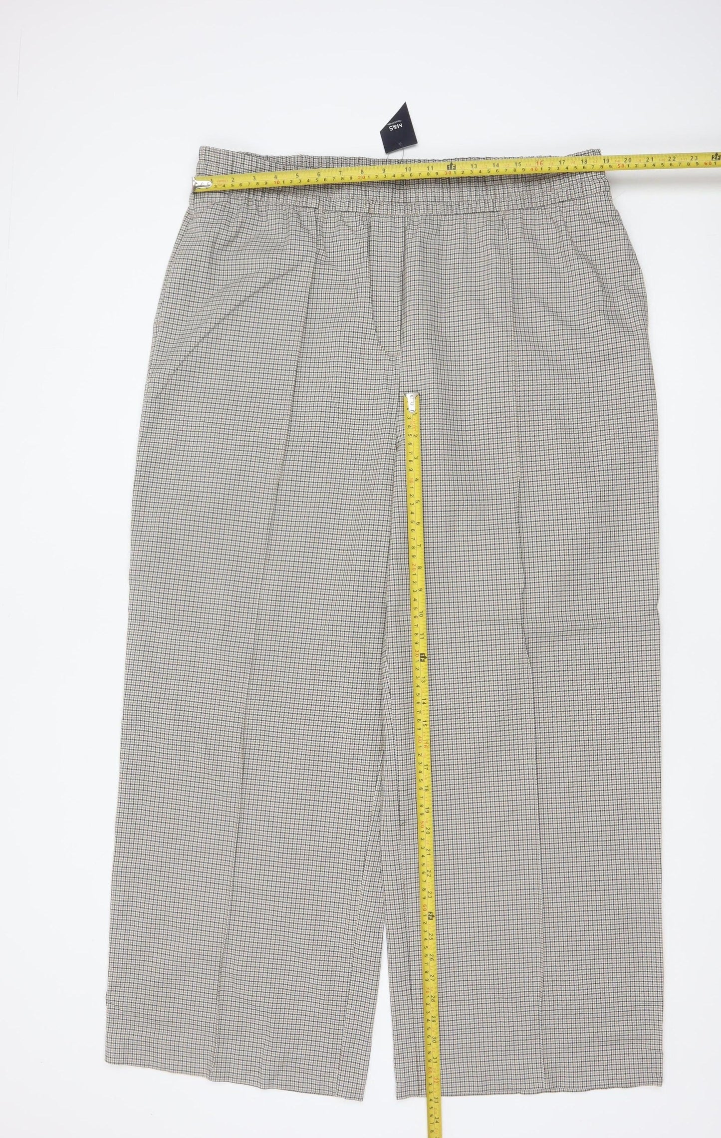 Marks & Spencer Women's Beige Check Wide-Leg Trousers UK 20 Regular
