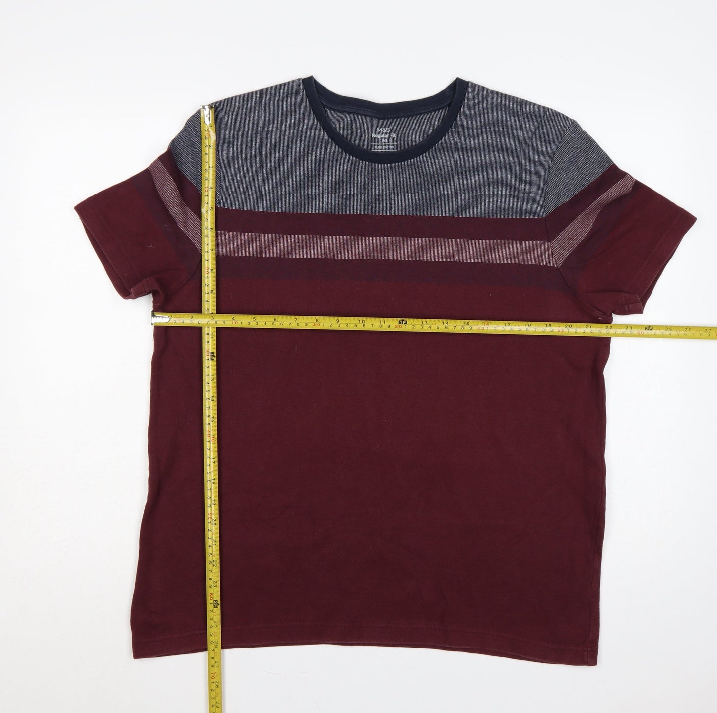 Marks & Spencer Men's Red 2XL Colourblock Stripe Crew Neck T-Shirt