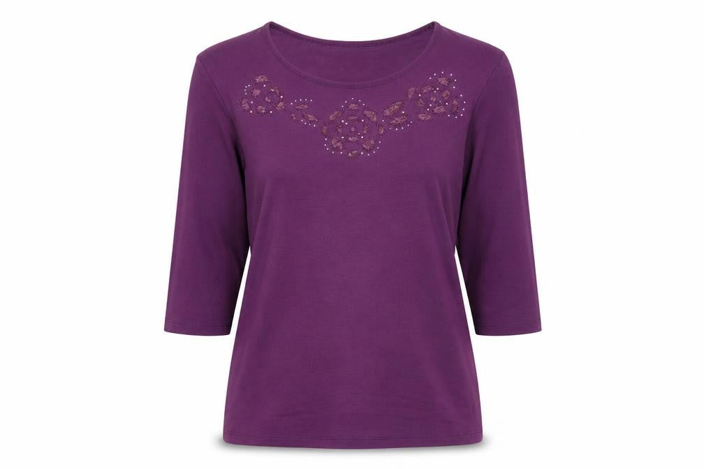 Marks & Spencer Women Purple UK 14 Embellished 3/4 Bell Sleeve Top