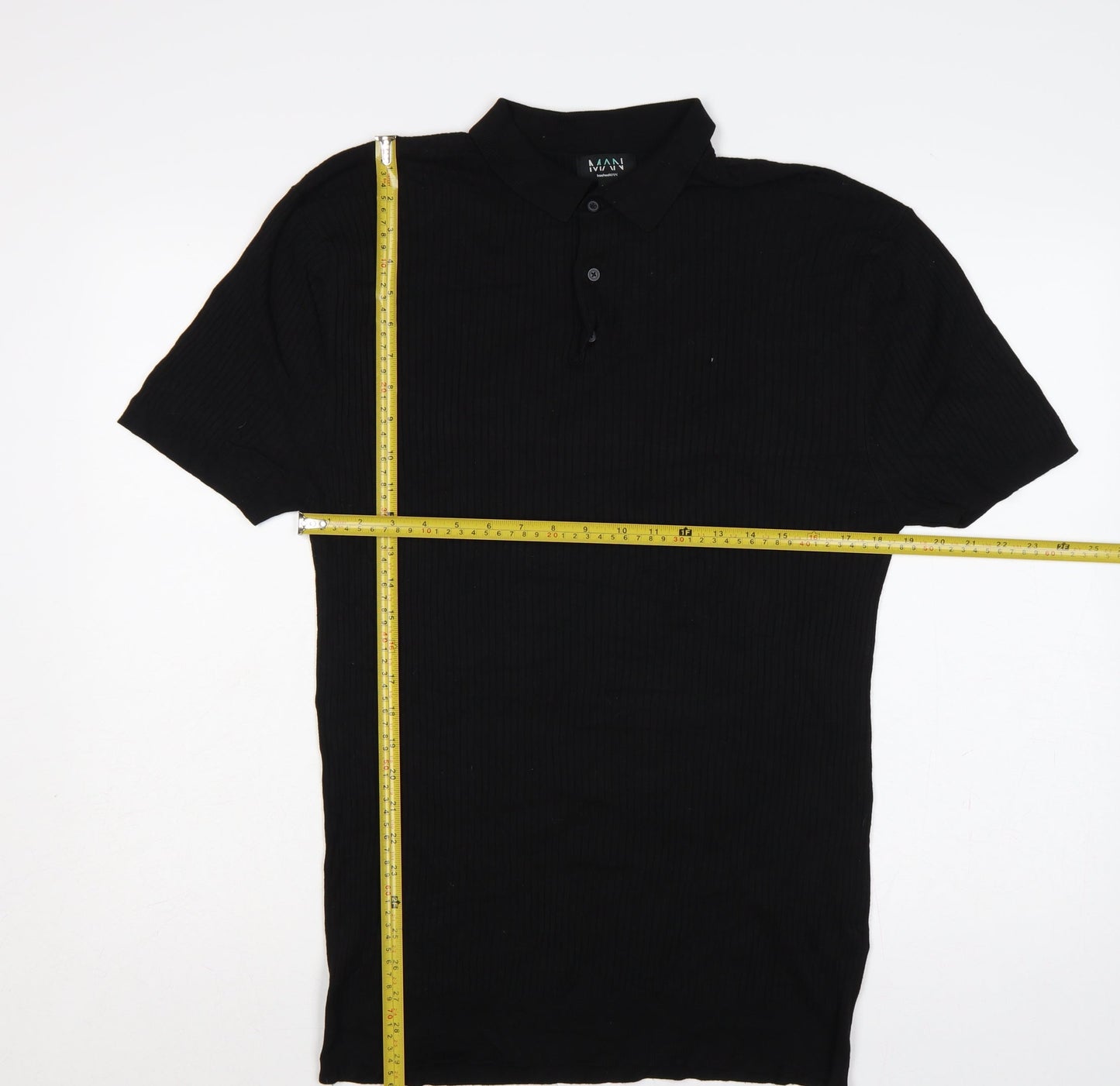 BoohooMAN Men’s Black XL Rib Knit Short Sleeve Polo Shirt