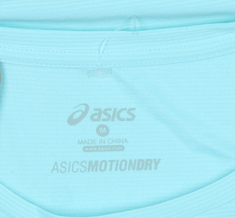 Brand and care label for Asics Women Blue M Athletic Motion Dry Reflective Running T-Shirt