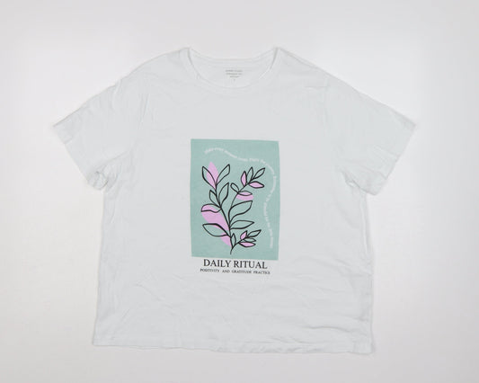 Dunnes Stores Women White Floral Graphic Cotton T-Shirt UK 18