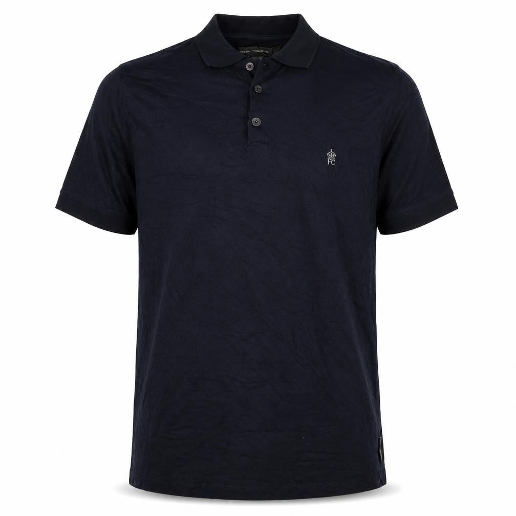 Front view of French Connection men’s black xl logo short sleeve cotton polo shirt